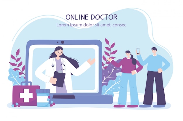 Online doctor, couple with smartphone and female doctor in laptop, medical advice or consultation service