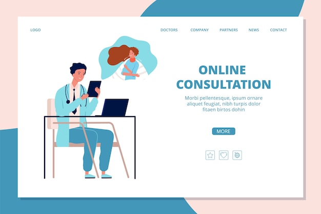 Vector online doctor landing page. internet treatment, medicine help web banner. medical help online, hospital doctor web page illustration