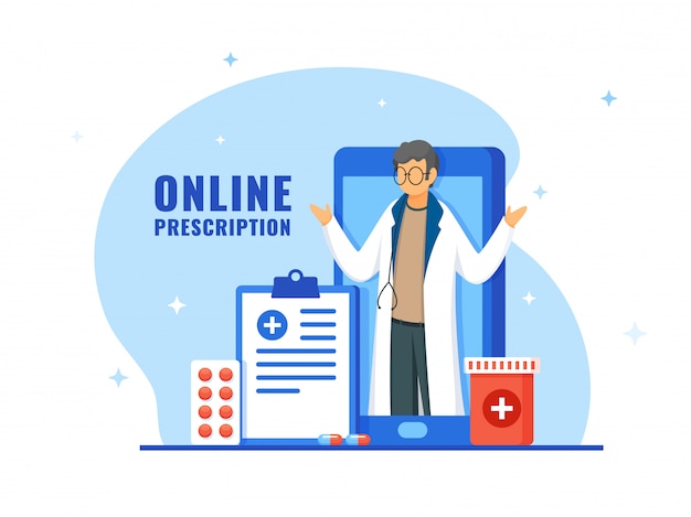 Рецепт врача онлайн в смартфоне с буфером обмена и лекарствами на белом и синем фоне.