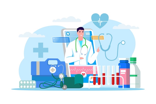 Vector online doctor service, vector illustration. clinic medical care from smartphone, mobile application with man physician character. communication with patient, pharmacy prescription.