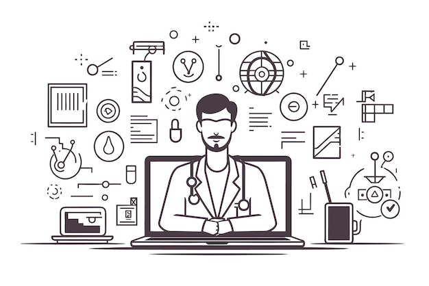 Online doctor virtual medicine illustration Doctor in computer screen outline doodle style Medici