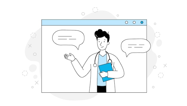 Иллюстрация виртуальной медицины онлайн-врача Доктор в очертании экрана компьютера в стиле каракулей Медицинское веб-приложение онлайн-клиника мобильная аптека сервис векторная иллюстрация