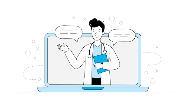 Иллюстрация виртуальной медицины онлайн-врача Доктор в стиле каракулей на экране ноутбука Медицинское веб-приложение онлайн-клиника мобильная аптека сервис векторная иллюстрация