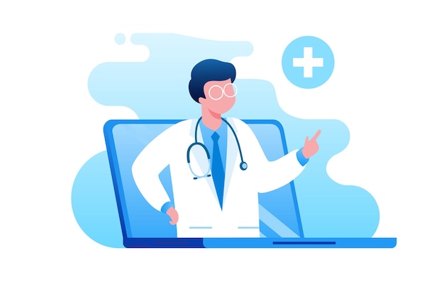 Vector online doctor with gadget flat vector illustration banner