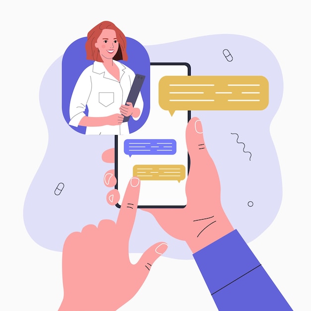 Вектор Онлайн женщина-врач рука держит смартфон векторная иллюстрация в плоском стиле
