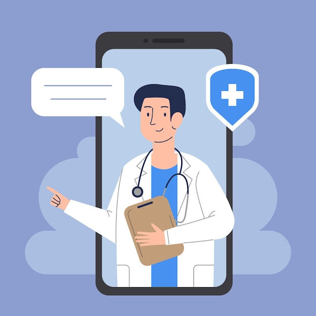 スマートフォンでのオンライン医師の相談 スマートフォンの男性医師 オンライン医学のコンセプト