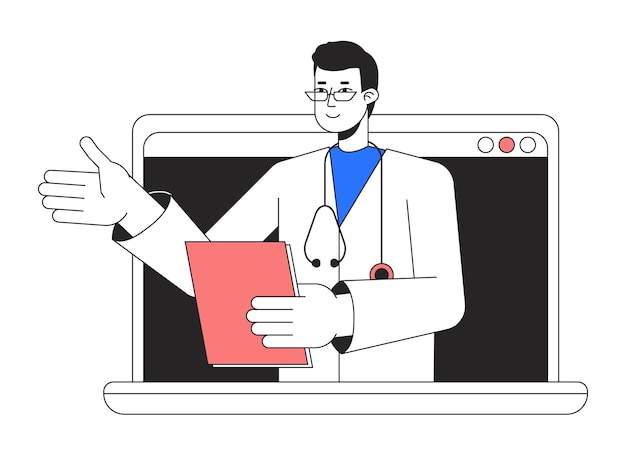Online doktersbezoek op laptop platte lijn concept ter plaatse vectorillustratie