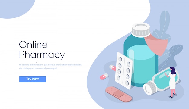 Online Drugstore concept illustration.  Flat Isometric Medicine Pills and Bottles with pharmacist composition.