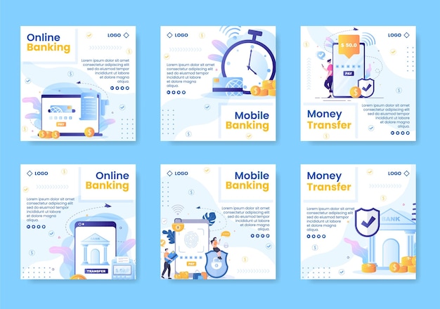 Online E-Banking App, Wallet or Bank Credit Card Post Template Flat Illustration Editable of Square Background for Transfer and Payment Social Media