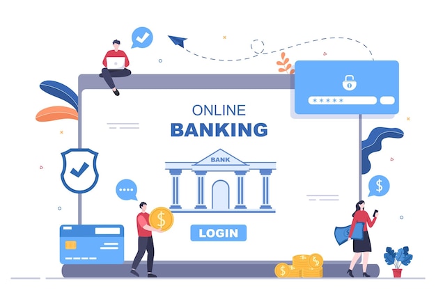 Vettore illustrazione vettoriale di app di e-banking online, portafoglio o carta di credito bancaria con tecnologia, protezione dei dati e sicurezza dei pagamenti per pagamenti digitali tramite smartphone