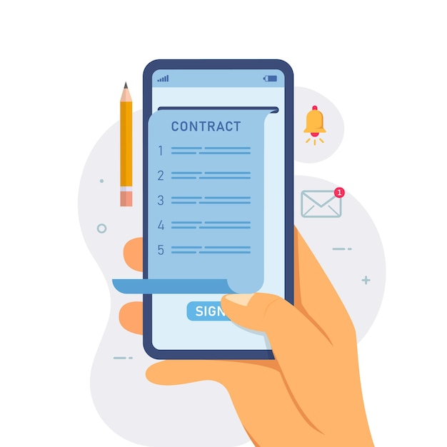 Online econtract document sign via smartphone vector illustration