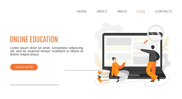 ベクトル 人、ノートパソコン、虫眼鏡、テキストを含むオンライン教育アプリのランディング ページ テンプレート