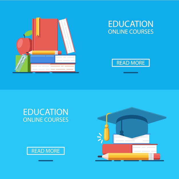 Online education banners, books stack, courses and training