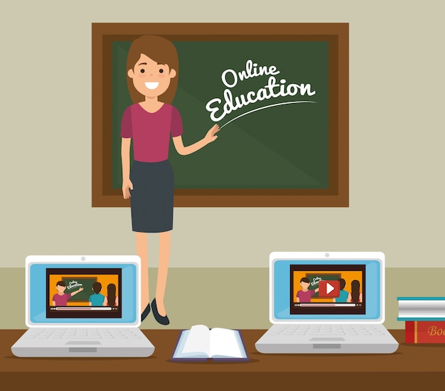 Online education in classroom with laptops