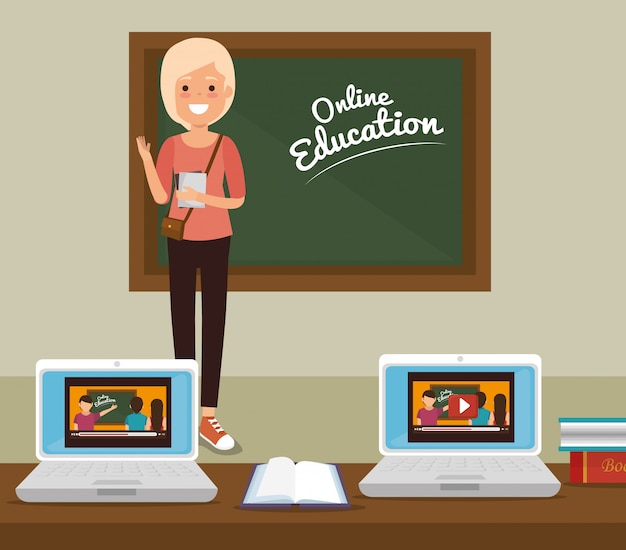 Vector online education in classroom with laptops