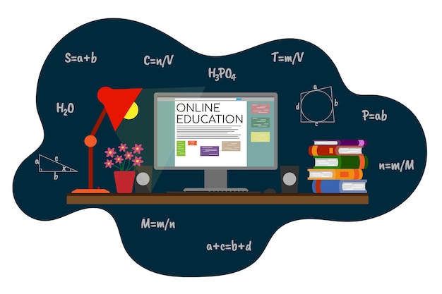 Composizione di istruzione online con libri di computer e formule illustrazione vettoriale piatta