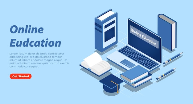 Vector online education concept 3d isometric, e-learning web banner