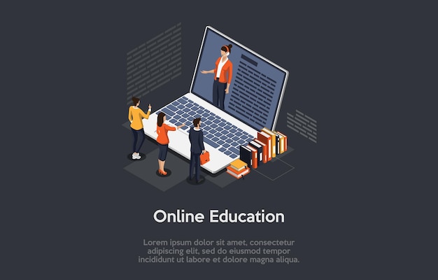 Vector online education concept big laptop female tutor on screen