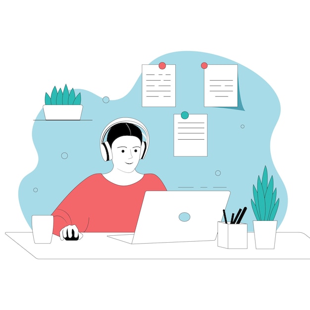 online education concept cartoon young woman sitting with laptop in headphones