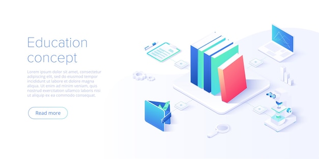 アイソメトリックデザインにおけるオンライン教育の概念。学習または教育プラットフォームに関するインターネット遠隔トレーニングおよびコース。ウェブサイトのテンプレート。
