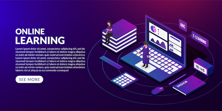 Vector online education concept in isometric style, learn from home by internet learning course
