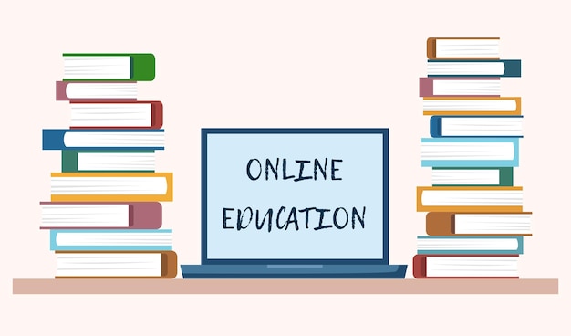 Online education concept laptop and stacks of books