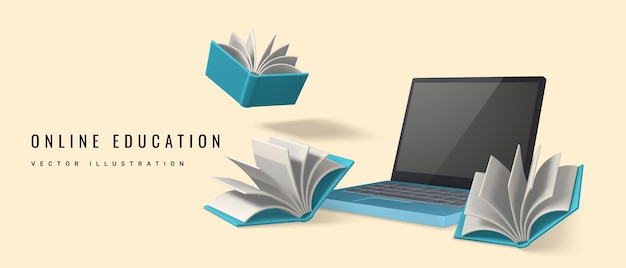 Online education concept laptop with open books online learning vector illustration