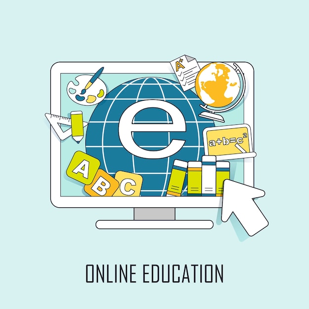 Online education concept: learning resources jumping out from computer in line style