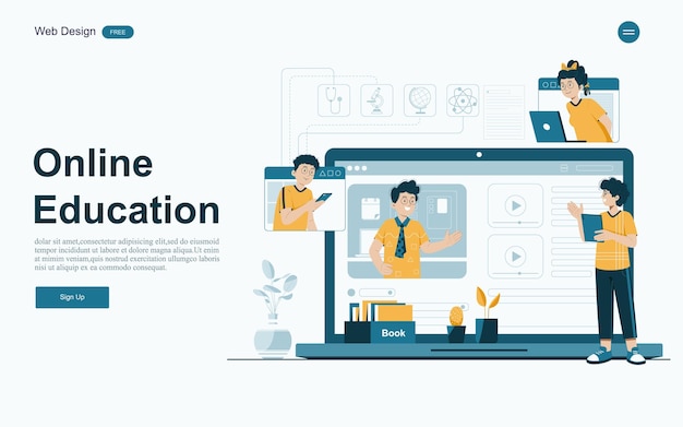 Vector online education concept online learning with platform and resources vector illustration