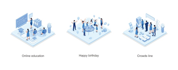 Online education concept, people characters standing near birthday cake and celebrating,