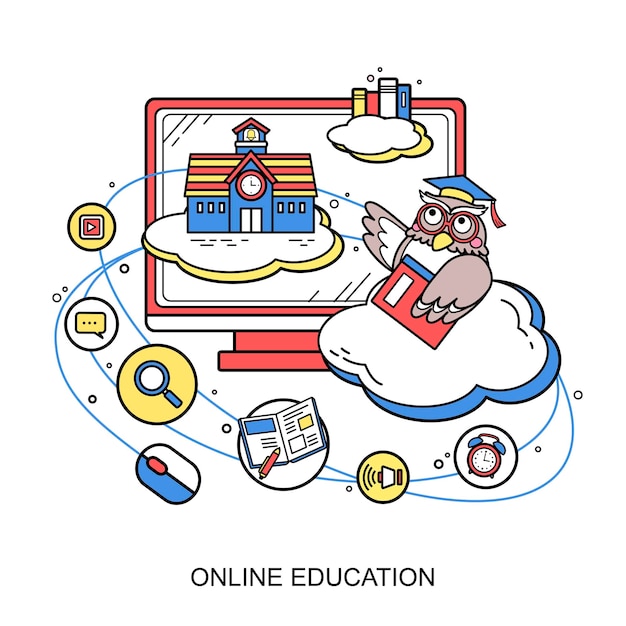 Вектор Концепция онлайн-образования с совой в стиле линии