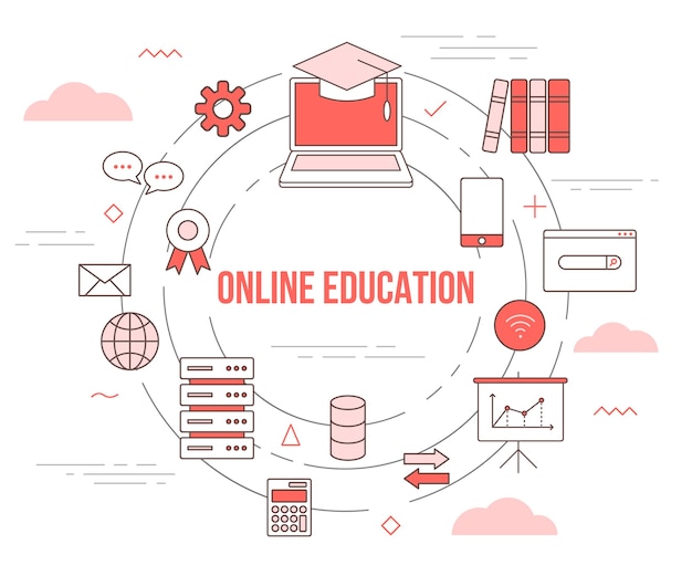 Концепция онлайн-образования с шаблоном набора иллюстраций в современном стиле оранжевого цвета