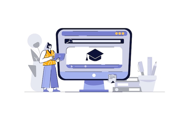 Online education concept with people scene in the flat cartoon style The student acquires knowledge