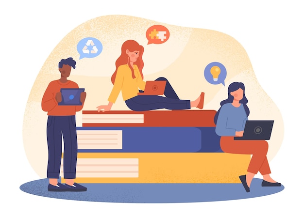 Vector online education concept women and man hold electronic devices next to stack of books and study