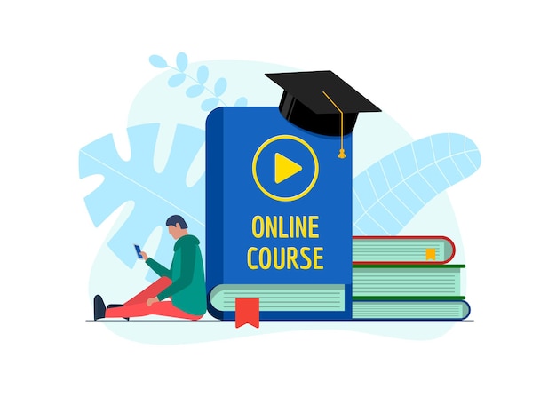 Concetto di design del corso di formazione online. maschio adolescente studente di e-learning remoto con smartphone e riproduzione video segno sul libro di copertina. lo studio a distanza e la conoscenza dell'insegnamento di internet flat eps banner