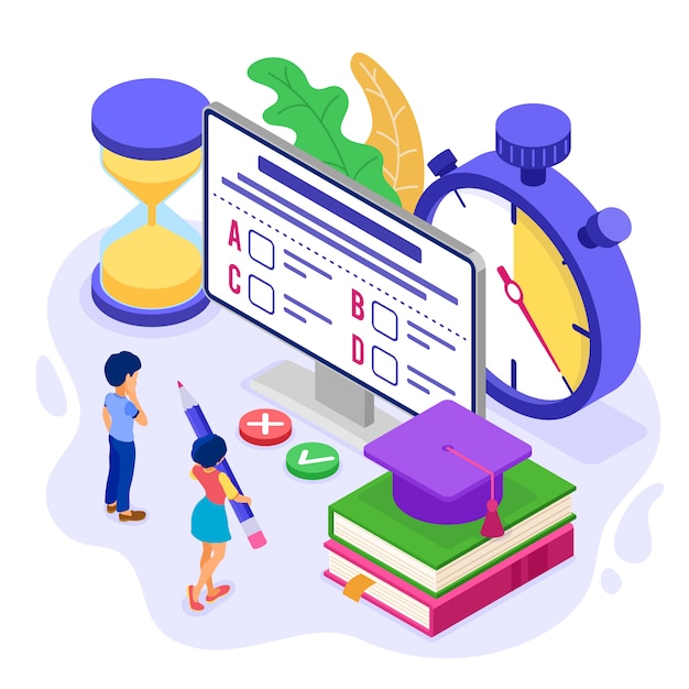 Online education or distance exam test with isometric character internet course e-learning from home girl and boy examing and test on computer with stopwatch isometric education