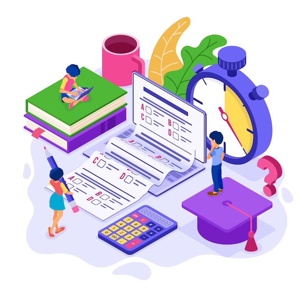 Online education or distance exam test with isometric character internet course e-learning from home girl and boy examing and test on laptop with stopwatch isometric education