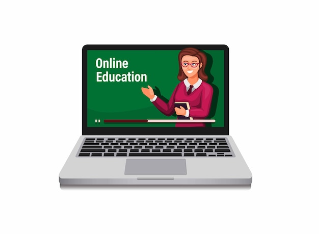 Online education elearning with woman teacher on laptop concept in cartoon illustration