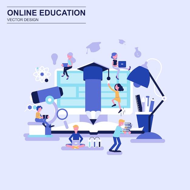 Vector online education flat design concept blue style with decorated small people character.