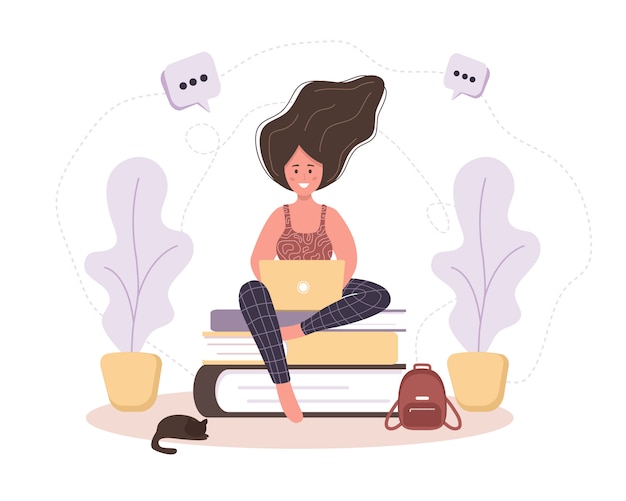 Vector online education. flat design concept of training and video tutorials. girl sitting on books. illustration for website banner, marketing material, presentation template, online advertising.