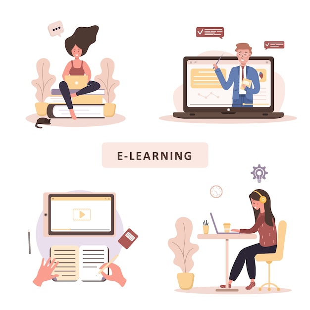 Vector online education. flat design concept of training and video tutorials. student learning at home. illustration for website banner, marketing material, presentation template, online advertising.