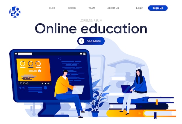 Online education flat landing page. students learning with laptops illustration. distance education, online webinar, career and skills development web page composition with people characters.