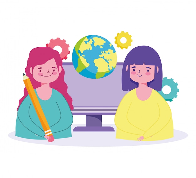 Online education, happy student girls world computer pencil class  illustration
