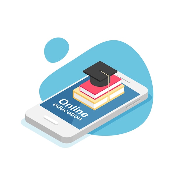 Vector online education or home schooling elearning banner mobile app with books and bachelor cap