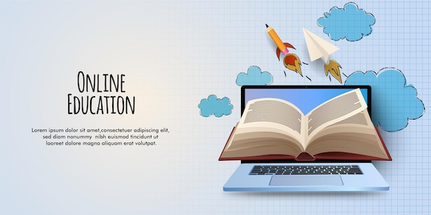 Online education illustration with laptop and books