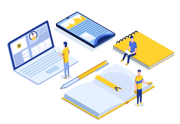 Online education isometric banner with characters. E-learning at home for student. Distance education in virtual environment vector illustration