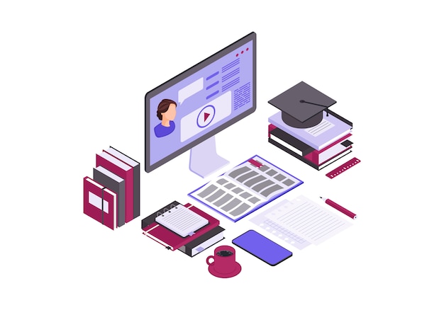 Vector online education isometric color vector illustration