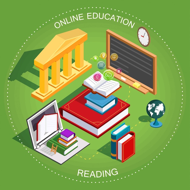 Online education isometric. the concept of learning and reading books in the library. flat design.  illustration