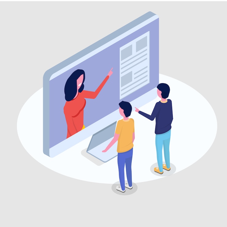 Vector online education isometric concept,  training courses. 3d isometric people. vector illustration.
