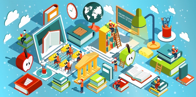 Vector online education isometric flat design. the concept of learning and reading books in the library and in the classroom. university studies.  illustration
